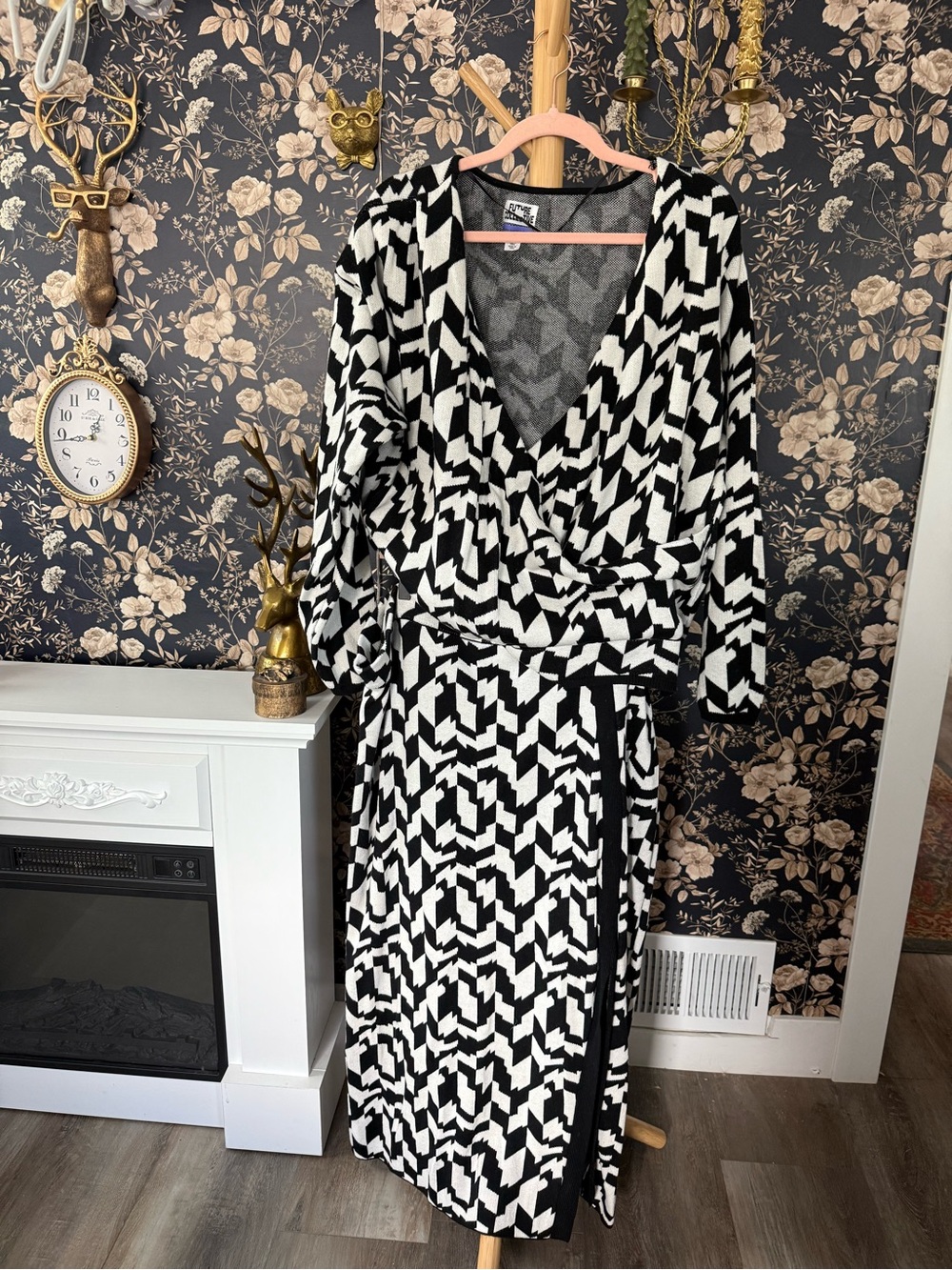 2-Piece Set: Black & White Geometric Wrap Top and Pencil Skirt
